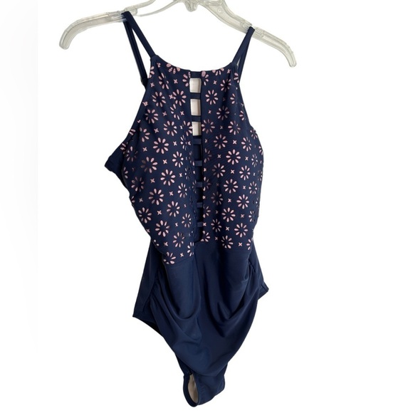 Kona Sol Laser Cut High Neck Ladder One Piece Swimsuit size Medium Navy and Pink - Picture 5 of 13